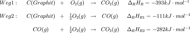 \begin{matrix} Weg 1: \; \; \; & C(Graphit) & + & O_2(g) & \rightarrow & CO_2(g)  & \; \;  \Delta_R H_R = -393 kJ\cdot mol^{-1} \\ \\ Weg 2: \; \; \; & C(Graphit) & + & \frac{1}{2} O_2(g) & \rightarrow & CO(g) & \; \;  \Delta_R H_{R1} = -111 kJ\cdot mol^{-1} \\ \\ \; \; \; \; \; \; \; & CO(g) & + & \frac{1}{2} O_2(g) & \rightarrow & CO_2(g) & \; \;  \Delta_R H_{R2} = -282 kJ\cdot mol^{-1} \\ \\ \end{matrix}