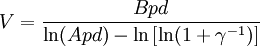V=\frac{Bpd}{\ln(Apd)-\ln\left[\ln(1+\gamma^{-1})\right]}