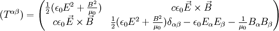 (T^{\alpha \beta}) =\begin{pmatrix} \frac{1}{2} (\epsilon_0 E^2+\frac{B^2}{\mu_0})& c \epsilon_0 \vec{E} \times \vec{B}\\ c \epsilon_0 \vec{E} \times \vec{B}& \frac{1}{2}(\epsilon_0 E^2+\frac{B^2}{\mu_0}) \delta_{\alpha\beta}-\epsilon_0 E_\alpha E_\beta-\frac{1}{\mu_0} B_\alpha B_\beta \end{pmatrix}