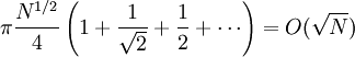 \pi \frac{N^{1/2}}{4} \left( 1+ \frac{1}{\sqrt{2}}+\frac{1}{2}+\cdots\right) = O(\sqrt{N})