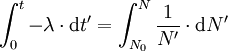 \int_0^t -\lambda \cdot \mathrm dt'=\int_{N_0}^N\frac{1}{N'} \cdot \mathrm dN'