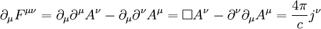 \partial_{\mu} F^{\mu\nu} = \partial_\mu \partial^\mu A^\nu - \partial_\mu \partial^\nu A^\mu = \square A^\nu - \partial^\nu \partial_\mu A^\mu = \frac{4 \pi}{c} j^\nu