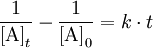 \frac {1} {\mathrm{[A]}_{t}} - \frac {1} {\mathrm{[A]}_{0}} = k \cdot t