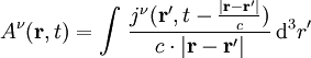 A^\nu (\mathbf r , t) =\int\,\frac{j^\nu (\mathbf{r'},t-\frac{|\mathbf r -\mathbf{r'}|}{c}) }{c\cdot|\mathbf r -\mathbf{r'}|}\,\mathrm d^3 r'\,