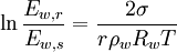 \ln \frac{E_{w, r}}{E_{w, s}} = \frac{2\sigma}{r \rho_w R_w T}