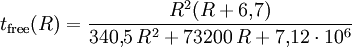 t_\mathrm{free}(R)=\frac{R^2(R+6{,}7)}{340{,}5\,R^2+73200\,R+7{,}12\cdot10^6}