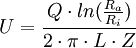 U = \frac{Q \cdot ln(\frac{R_a}{R_i})}{2 \cdot \pi \cdot L \cdot Z}
