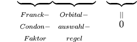 {\color{White}P=} \begin{matrix} \underbrace{ {\color{White}.............} } \\ {}_{Franck-} \\ {}_{Condon-} \\ {}_{Faktor} \end{matrix}  \begin{matrix} \underbrace{ {\color{White}................} } \\ {}_{Orbital-} \\ {}_{auswahl-} \\ {}_{regel} \end{matrix} {\color{White}....} \begin{matrix} \underbrace{ {\color{White}...........} } \\ {}_{||} \\ 0 \\ {} \end{matrix}