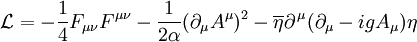 \mathcal{L} = - \frac{1}{4} F_{\mu\nu} F^{\mu\nu} - \frac{1}{2\alpha} (\partial_{\mu} A^{\mu})^2 - \overline{\eta} \partial^{\,\mu} (\partial_{\mu} - i g A_{\mu}) \eta