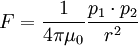 F= \frac{1}{4\pi\mu_0}\frac{p_1\cdot p_2}{r^2}