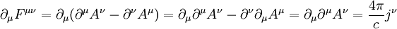 \partial_{\mu}F^{\mu\nu}=\partial_{\mu}(\partial^{\mu}A^{\nu} - \partial^{\nu}A^{\mu})=\partial_{\mu}\partial^{\mu}A^{\nu}-\partial^{\nu}\partial_{\mu}A^{\mu}=\partial_{\mu}\partial^{\mu}A^{\nu}= \frac{4\pi}{c}j^{\nu}