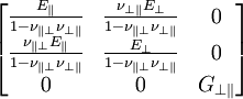 \begin{bmatrix} \frac{E_{\|}}{1-\nu_{\|\perp}\nu_{\perp\|}} & \frac{\nu_{\perp\|}E_{\perp}}{1-\nu_{\|\perp}\nu_{\perp\|}} & 0 \\ \frac{\nu_{\|\perp}E_{\|}}{1-\nu_{\|\perp}\nu_{\perp\|}} & \frac{E_{\perp}}{1-\nu_{\|\perp}\nu_{\perp\|}} & 0 \\ 0 & 0 & G_{\perp\|}\end{bmatrix}