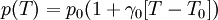 p(T) = p_0 (1 + \gamma_0 [T - T_0]) \!