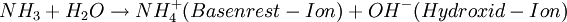 NH_3 + H_2O \rightarrow NH_4^+(Basenrest-Ion) + OH^-(Hydroxid-Ion)