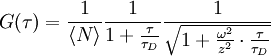 G(\tau)=\frac{1}{\langle N\rangle} \frac{1}{1+\frac{\tau}{\tau_D}} \frac{1}{\sqrt{1+\frac{\omega^2}{z^2}\cdot\frac{\tau}{\tau_D}}}