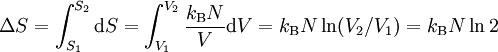 \Delta S= \int_{S_1}^{S_2} \mathrm{d}S = \int_{V_1}^{V_2}  \frac{k_{\rm B}N}{V}\mathrm{d}V =k_{\rm B}N \ln(V_2/V_1)=k_{\rm B}N\ln2