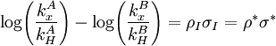 \log\!\left(\frac{k^A_x}{k^A_H}\right) - \log\!\left(\frac{k^B_x}{k^B_H}\right) = \rho_I \sigma_I=\rho^* \sigma^*