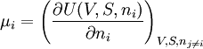 \mu_i=\left( \frac{\partial U(V,S,n_i)}{\partial {n_i}}\right)_{V,S,n_{j\ne i}}