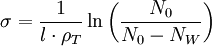 \sigma = \frac{1}{l \cdot \rho_T} \ln\left(\frac{N_0}{N_0 - N_W}\right)