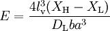 E = \frac{4 l_{\rm v}^3 (X_{\rm H} - X_{\rm L})}{D_{\rm L} b a^3}