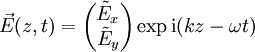 \vec E(z,t)=\begin{pmatrix} \tilde E_x \\ \tilde E_y \end{pmatrix}\exp \mathrm{i}(kz-\omega t)