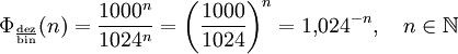 \Phi_{\frac{\mathrm{dez}}{\mathrm{bin}}}(n) = \frac{1000^n}{1024^n} = \left(\frac{1000}{1024}\right)^n = 1{,}024^{-n}, \quad n \in \N