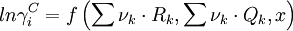 ln \gamma_i^C = f \left( \sum \nu_k \cdot R_k, \sum \nu_k \cdot Q_k, x \right)