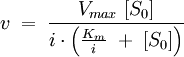 v\;=\;\frac{V_{max}\;[S_0]}{i \cdot \left(\frac{K_m}{i}\;+\;[S_0]\right)}
