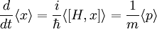 \frac{d}{dt}\langle x\rangle = \frac{i}{\hbar}\langle[H,x]\rangle =\frac{1}{m}\langle p\rangle