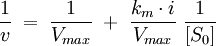 \frac{1}{v}\;=\;\frac{1}{V_{max}}\;+\;\frac{k_m \cdot i}{V_{max}}\;\frac{1}{[S_0]}