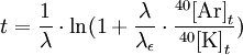 t=\frac{1}{\lambda}\cdot \ln(1+\frac{\lambda}{\lambda_\epsilon}\cdot\frac{{}^{40}\mathrm{[Ar]}_t}{{}^{40}\mathrm{[K]}_t})