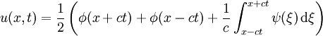 u(x,t)=\frac{1}{2}\left(\phi(x+ct)+\phi(x-ct)+\frac{1}{c}\int_{x-ct}^{x+ct} \psi(\xi)\,\mathrm{d}\xi\right)