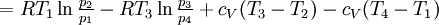 = R T_{1} \ln{\textstyle\frac{p_{2}}{p_{1}}}-R T_{3} \ln{\textstyle\frac{p_{3}}{p_{4}}}+c_{V} (T_{3}-T_{2})-c_{V} (T_{4}-T_{1})