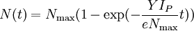 N(t) = N_\mathrm{max}(1- \exp(-{{Y I_P}\over{e N_\mathrm{max}}}t))