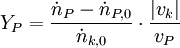 Y_P = {\dot n_P - \dot n_{P,0} \over \dot n_{k,0}} \cdot {\left| v_k \right| \over v_P}