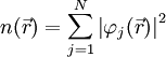 n(\vec{r}) = \sum_{j=1}^N{\left|{\varphi_j(\vec{r})}\right|^2}