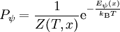 P_\psi = \frac{1}{Z(T,x)} \mathrm{e}^{-\frac{E_\psi(x)}{k_\mathrm{B} T}}