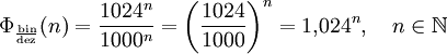 \Phi_{\frac{\mathrm{bin}}{\mathrm{dez}}}(n) = \frac{1024^n}{1000^n} = \left(\frac{1024}{1000}\right)^n = 1{,}024^n, \quad n \in \N