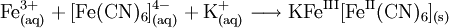 \mathrm{Fe^{3+}_{(aq)} + [Fe(CN)_6]^{4-}_{(aq)} + K^+_{(aq)} \longrightarrow KFe^{III}[Fe^{II}(CN)_6]_{(s)}}