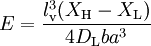 E = \frac{l_{\rm v}^3 (X_{\rm H} - X_{\rm L})}{4 D_{\rm L} b a^3}
