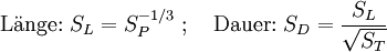 \mbox{Länge:}\ S_L=S_P^{-1/3}\ ;\quad\mbox{Dauer:}\ S_D=\frac{S_L}{\sqrt{S_T}}