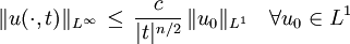 \|u(\cdot,t)\|_{L^\infty} \,\leq\, \frac{c}{|t|^{n/2}}\, \|u_0\|_{L^1}\quad\forall u_0\in L^1