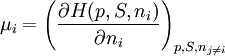 \mu_i=\left( \frac{\partial H(p,S,n_i)}{\partial {n_i}}\right)_{p,S,n_{j\ne i}}