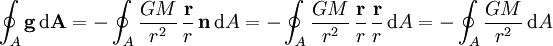 \oint_A \mathbf g \, \mathrm d \mathbf A = -\oint_A \frac{GM}{r^2}\,\frac{\mathbf r}{r} \, \mathbf n \, \mathrm d A = -\oint_A \frac{GM}{r^2}\,\frac{\mathbf r}{r}\,\frac{\mathbf r}{r} \,\mathrm d A = -\oint_A \frac{GM}{r^2}\,\mathrm d A