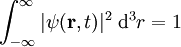 \int_{-\infty}^{\infty} |\psi(\mathbf{r},t)|^2\;\mathrm{d}^3r = 1