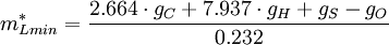 m^*_{Lmin} = \frac { 2.664 \cdot g_C + 7.937 \cdot g_H + g_S - g_O}{0.232}