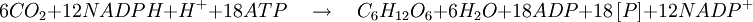 6CO_2 + 12 NADPH +H^+ + 18ATP \quad \to \quad C_6H_{12}O_6 + 6H_2O + 18 ADP + 18\left[P\right] + 12NADP^+