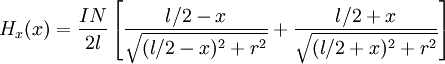 H_x(x) = \frac{I N}{2l} \left[\frac{l/2 -x }{\sqrt{(l/2 - x)^2 + r^2}}+\frac{l/2 +x }{\sqrt{(l/2 + x)^2 + r^2}}\right]