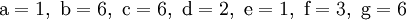 \mathrm{a=1, \ b=6, \ c=6, \ d=2, \ e=1, \ f=3, \ g=6}