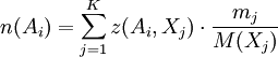n(A_i)=\sum_{j=1}^K z(A_i,X_j) \cdot \frac{m_j}{M(X_j)}